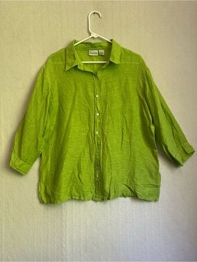 Chico's Bright Lime Green Linen-Silk Button Shirt Sz 3 US Sz 16